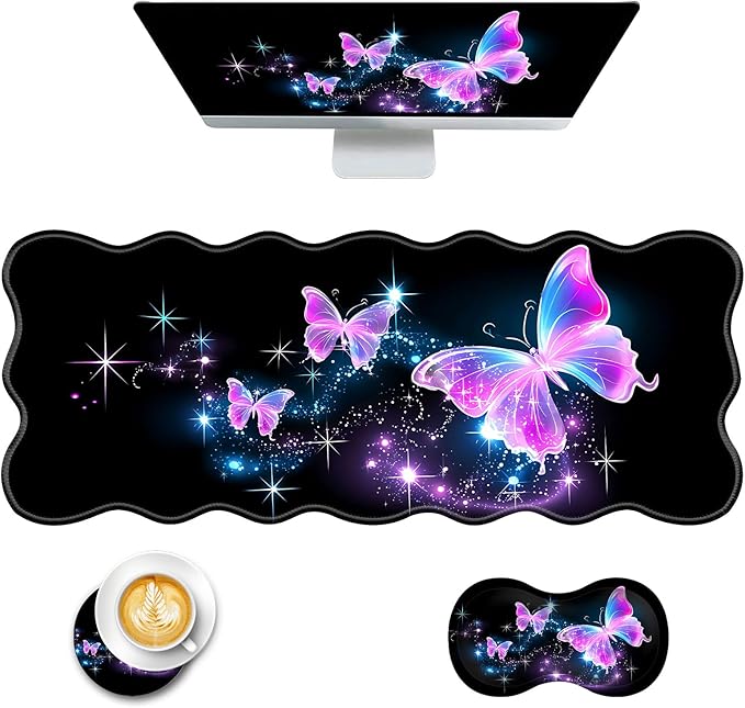 Mouse Pad with Wrist Support + Desk Mat + Coaster 3 in 1 Set XL Large Gaming Mousepad Ergonomic Mouse Pads for Desk Computer Laptop OfficeGlowing Night Pink Butterflies