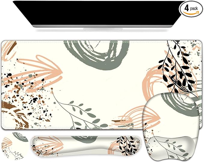 Large Mouse Pad with Wrist Support 4 in1 Set XXL Big Game Mousepad + Keyboard Wrist Rest+Mouse Wrist Rest+Coaster Ergonomic Gaming Mat for Home Office Table Computer I Modern Boho Leaves