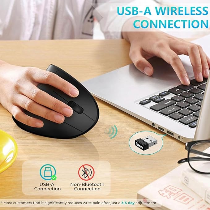 Ergonomic Mouse LEKVEY Vertical Wireless Mouse - Rechargeable 2.4G Optical Vertical Mice : 3 Adjustable DPI 800/1200/1600 Levels 6 Buttons for Laptop Mac PC Computer Desktop Notebook etc Black