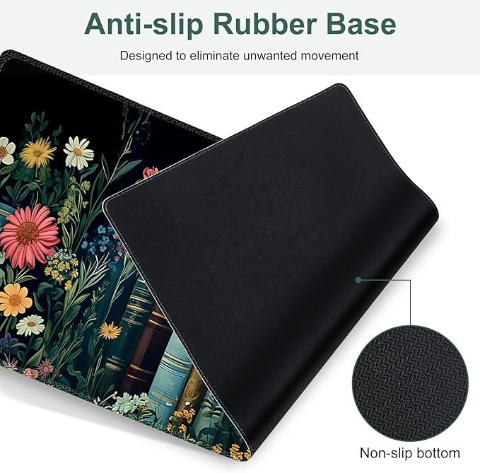 Wildflowers Mouse Pad Large Desk Mat Extended Nature Botanical Aesthetic Deskpad 4 PCS Non-Slip Rubber Base Computer Mouse Pads for Work Game Office Home Decor Gifts I Floral Plants Books