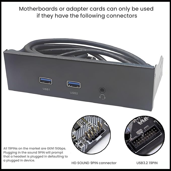 5.25 Inch Front Panel USB Hub 3 Port (2 USB Port + 1 HD Audio Port) 19 Pin Front Panel Adapter 5Gbps USB 3.2 GEN1 9 Pin Sound Internal USB Hub for Computer case