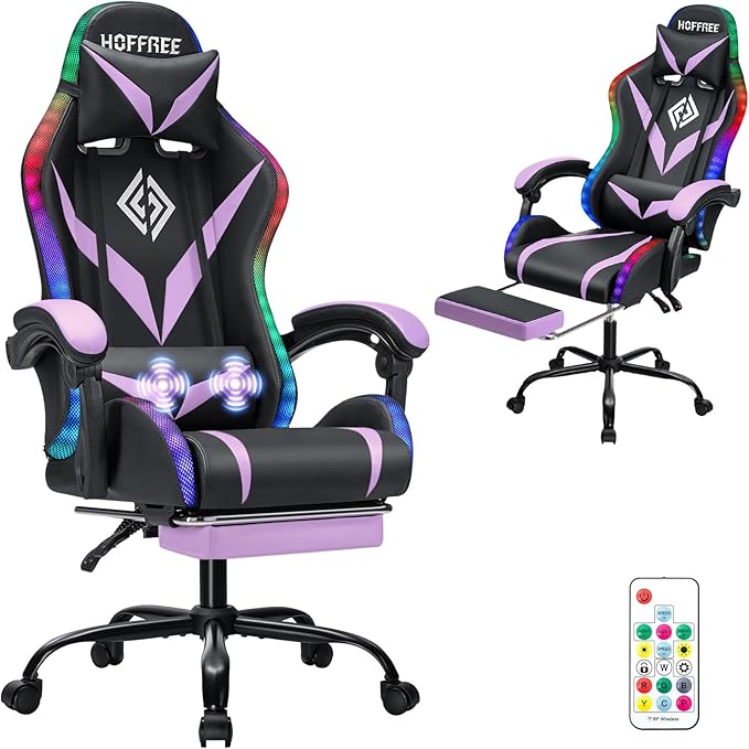 HOFFREE Gaming Chair with LED RGB Lights Massage Ergonomic Video Game Chairs with Footrest High Back Reclining Computer Chair with Adjustable Lumbar Support Purple and Black