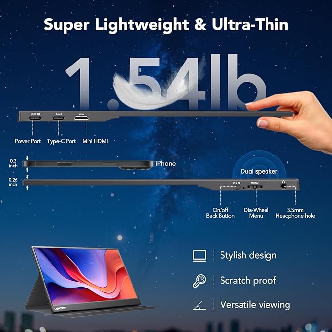 Portable Monitor 15.6 Inch 1080P FHD IPS Gaming Display Monitor with USB-C &amp HDMI Ultra-Slim External Second Screen with Smart Cover &amp Speakers for Laptop XboxPC Mac Phone PS5 Switch