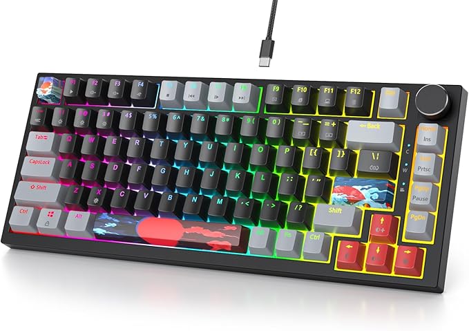 Fogruaden 75% Wired Mechanical Gaming Keyboard - 75 Percent TKL Hot Swappable Gasket Mount Red Switch RGB Backlit 82 Keys NKRO Compact with Knob (Dark)
