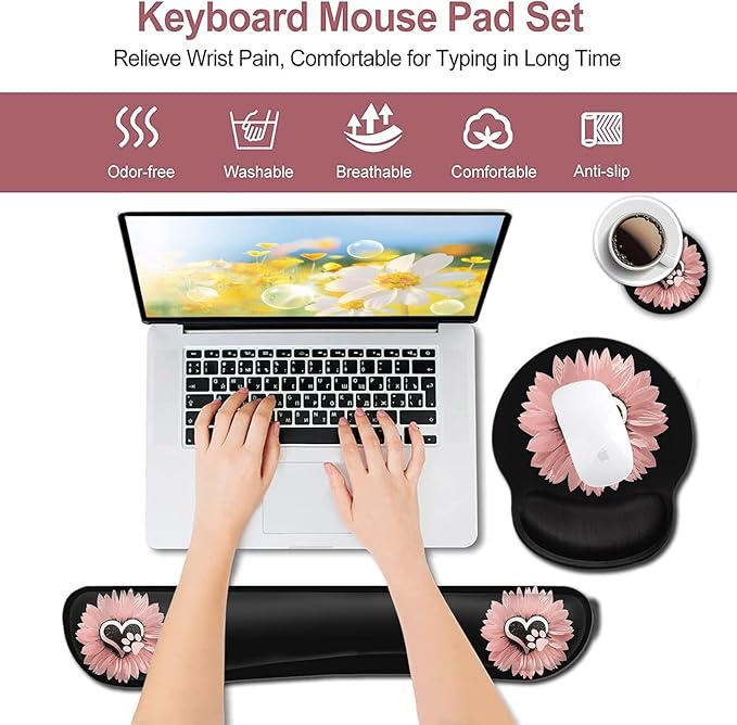 Mouse Pad with Wrist Support Ergonomic Gel Mouse Pad Memory Foam Keyboard Wrist Restfor Office Typing Games Sunflower and Dog Paw Print Pet and Pink Flowers Desktop Decoration