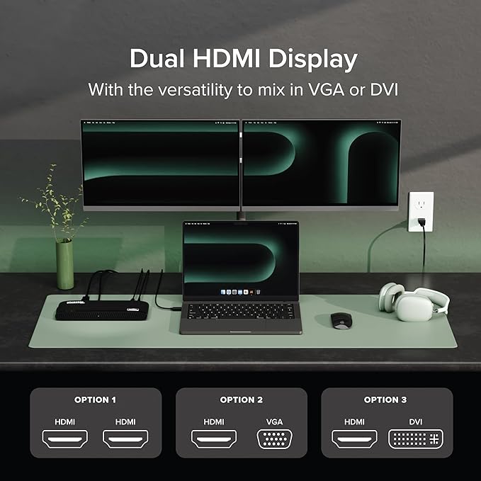 Plugable USB 3.0 Universal Docking Station for Windows macOS ChromeOS (Dual HDMI Monitors or DVI/VGA Gigabit Ethernet Audio 6 USB Ports)