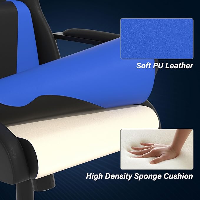 Gaming ChairSwivel Rolling Gaming Chair for AdultsErgonomic PC Gaming Chair BlueHeight Adjustable Computer ChairPU Leather Computer Chair with Headrest and Lumbar Support