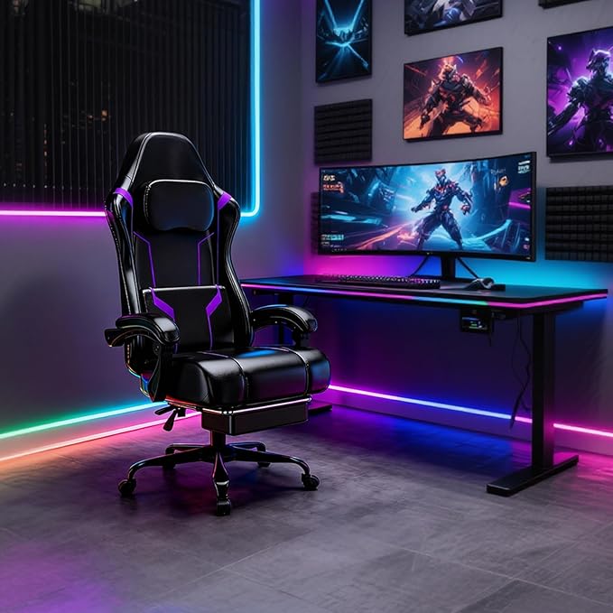Gaming Chair with Pocket Spring Cushion and Footrest Ergonomic Computer Chair for Adults Breathable PU Leather Game Chair Adjustable Headrest and Lumbar Support Office Desk Chair