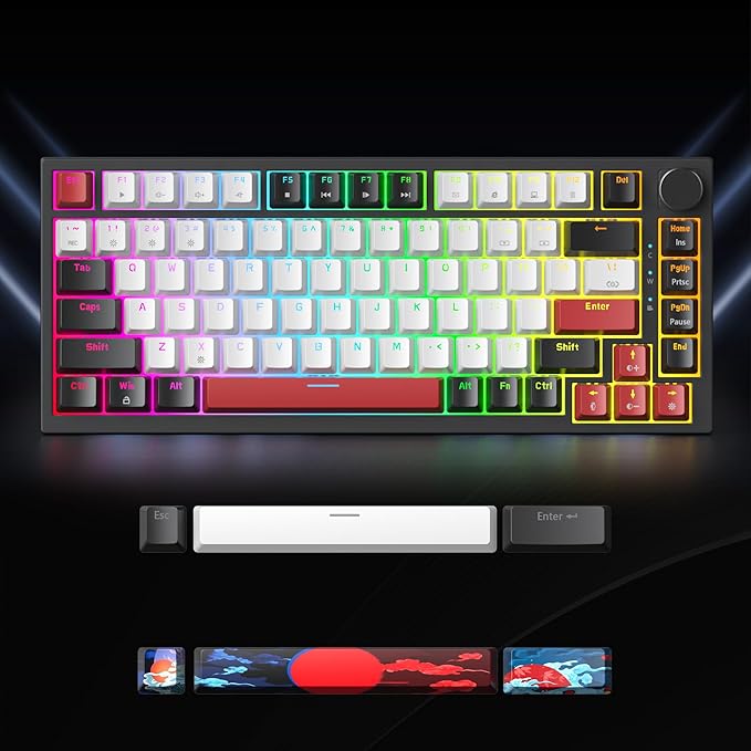 75 Percent Keyboard Gasket-Mounted with Sound Absorbing Pads 82-Key Compact Wired RGB Mechanical Gaming Keyboard Hot-Swap Socket for Win White
