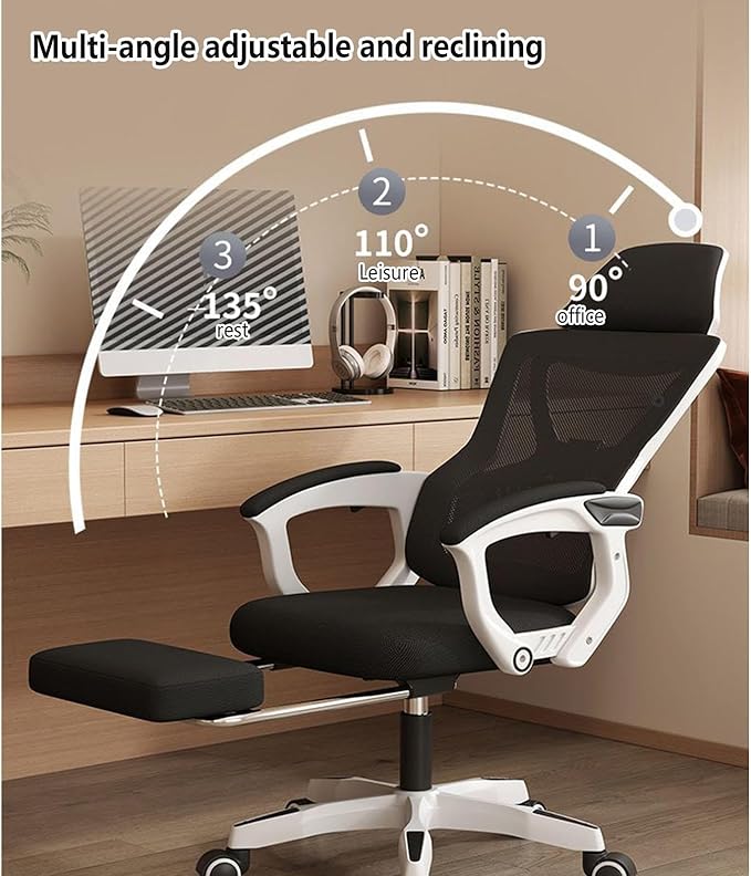 Reclining Office Chair Retractable Footrest with Adjustable Lumbar Support Comfortable Office Chair for HomeBedroomStudyStudentAdultsBlack