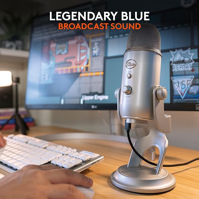 Logitech Creators Blue Yeti USB Microphone for PC Mac Gaming Recording Streaming Podcasting Studio and Computer Condenser Mic with Blue VO!CE Effects 4 Pickup Patterns Plug and Play - Silver