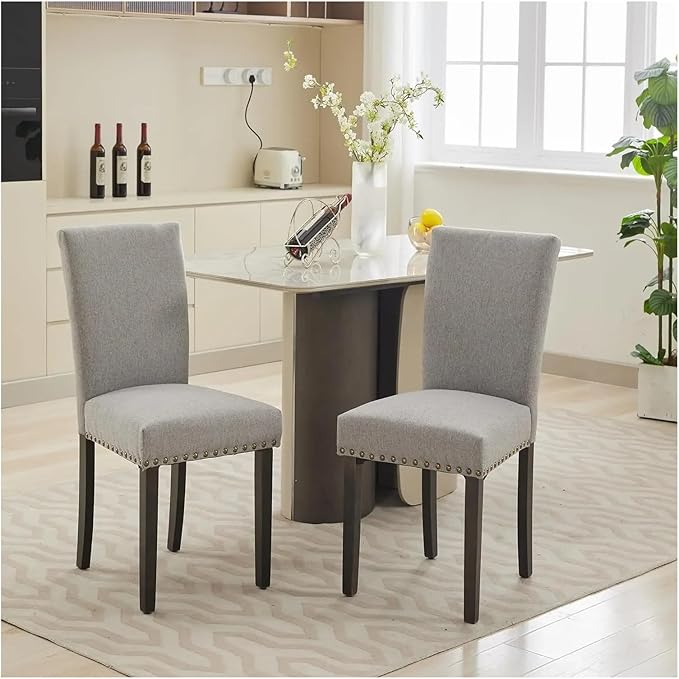 Adjustable Office Computer Chair with Armrest 2pcsc Fabric Upholstered Dining Chairs High Backrest with Nailhead Trim Wooden Legs(Grey)