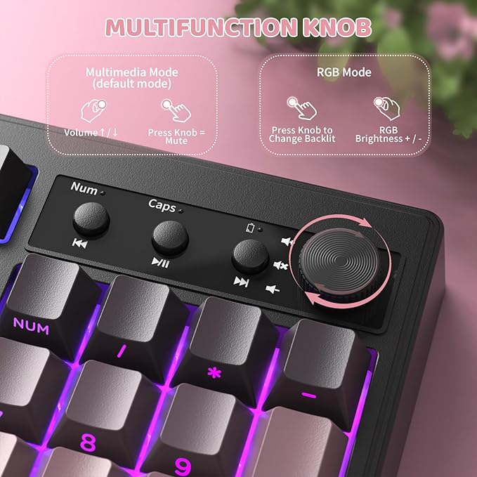 ZIYOU LANG K100 Wireless Gaming Keyboard99 Keys Tri-Mode BT/2.4GHz/USB-C Creamy Color Keyboard with Number Pad RGBMedia Knob Custom Programmable Computer Keyboards for PC/Mac/Xbox (Pink)