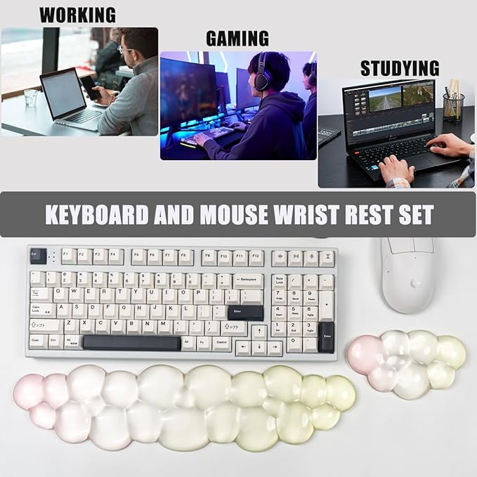 Ergonomic Cloud Silicone Gel Keyboard and Mouse Wrist Rest Set – Clear Wrist Rest for Computer Keyboard 60%/68%/75% Comfort &amp Support for Typing and Gaming (Yellow Pink)