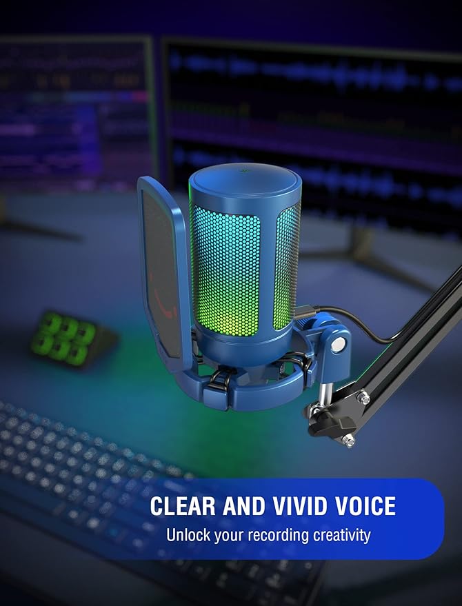 FIFINE Gaming Streaming USB PC Microphone for Mac OS/Windows AmpliGame Condenser Cardioid Mic with RGB for Video Vocal Recording Twitch Discord Gamer Computer Mic-Blue