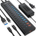 AGEEN 16-Port Powered USB 3.2 Hub-10Gbps SuperSpeed Data Splitter with 2 USB-C &amp 11 USB-A Ports 3 x 24W QC 3.0 Fast Charging Ports Individual On/Off Switches 96W Power Adapter for Laptop (16 Po