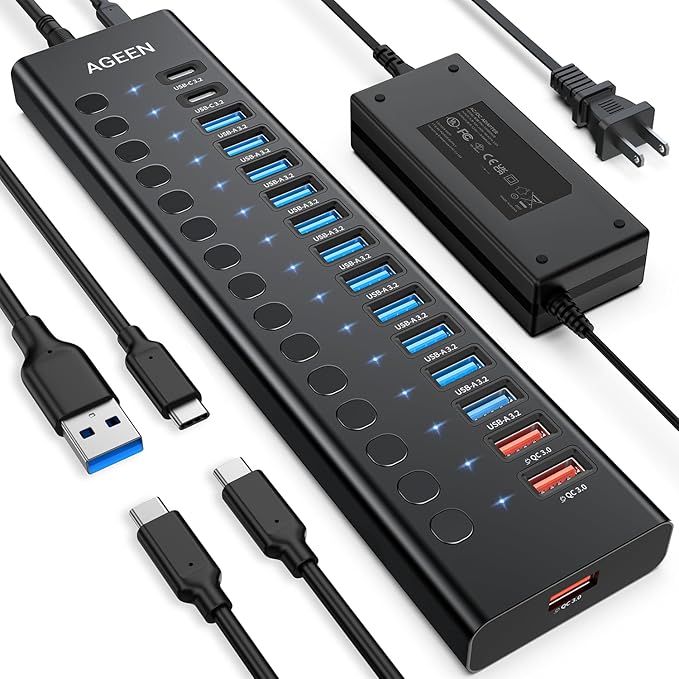 AGEEN 16-Port Powered USB 3.2 Hub-10Gbps SuperSpeed Data Splitter with 2 USB-C &amp 11 USB-A Ports 3 x 24W QC 3.0 Fast Charging Ports Individual On/Off Switches 96W Power Adapter for Laptop (16 Po