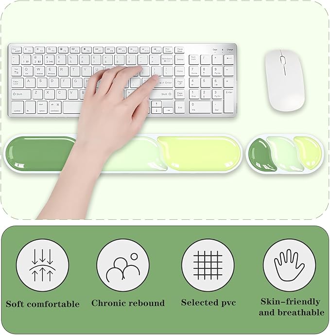 Ergonomic Keyboard Wrist Rest Gel Wrist Rest for Keyboard and Mouse Wrist Support and Keyboard Pad for Typing Pain Relief Anti-Slip Base Suitable for Office Laptop Computer Gaming Green