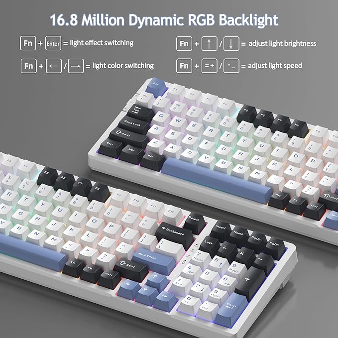 MageGee LIGHT100 Wireless Creamy Keyboard Gasket Structure Hot Swappable Tri-Mode 2.4G/USB-C/BT5.0 RGB Backlit Mechanical Gaming Keyboard for Win/Mac/PC PBT Keycap 4000mAh Battery Blue