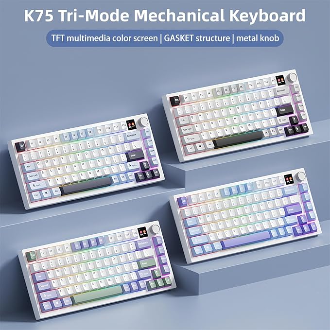 FKZ K75 Mechanical Keyboard with Knob Screen75% Hot Swap Tri-Mode Bluetooth 5.0/2.4G Wireless/Type-C Wired RGB Gaming Keyboard PCB Gasket Mount Custom Creamy Blue&ampWhite Keyboard