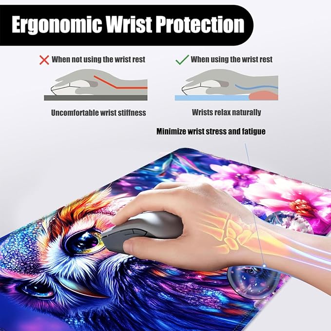 Mouse PadLarge Desk Mat Set 4in1 XL Mousepad + Keyboard Wrist Rest+Mouse Wrist Rest+Coaster with Ergonomic Desk Pad for Home Office Table Computer Cover -Owl Flowers Dragonflies