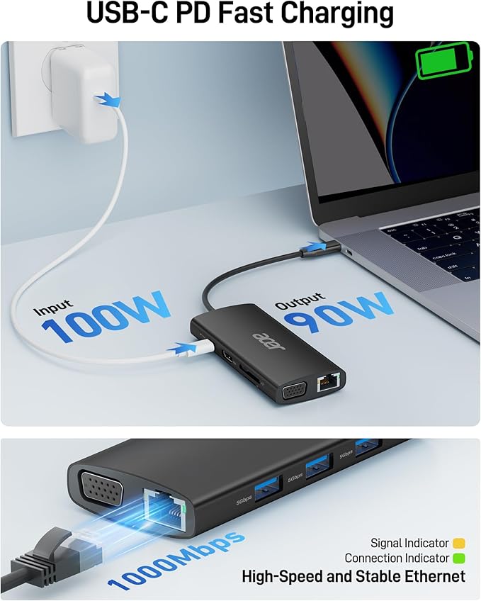 Acer USB C Hub with 4K HDMI 9-in-1 USB C to Ethernet Adapter 5Gbps USBA 3.0 Docking Station VGA Splitter SD Card Reader PD 100W Charging for MacBook Acer Laptops Surface and More (Black)