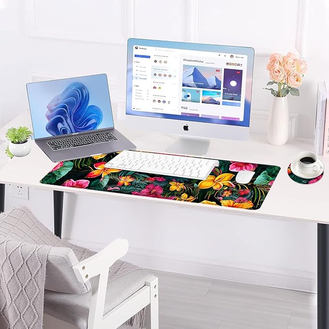 Large Keyboard Mouse Pad Set Extended Mouse Pad+Keyboard Wrist Rest Support Memory Foam Ergonomic Easy Typing 4Pcs (31.5×11.8 in) Desk Pad Set for Office HomeVibrant Tropical Flower
