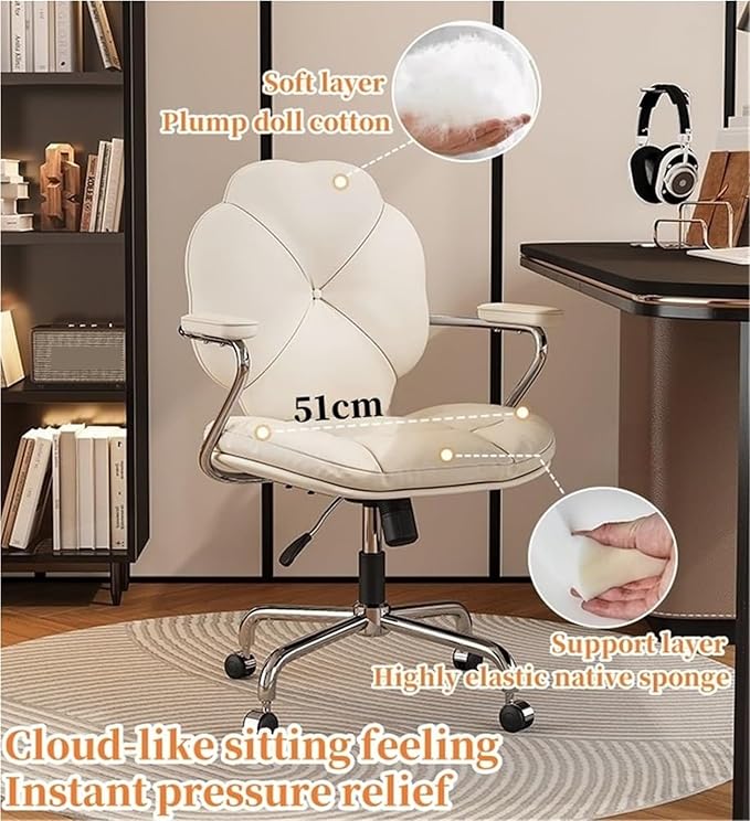 PU Leather Computer Chair Ergonomic Office Chair Swivel Rolling Desk Stool with Armrests Adjustable Study &amp Gaming Chair for Home Solid Construction(White)