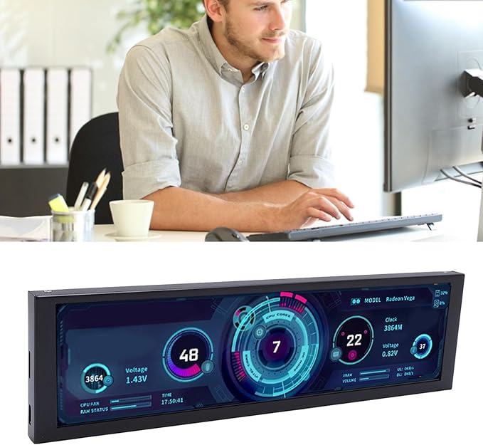 Zunate 8.8 Inch Computer Secondary Display 1920x480 Mini PC Monitor with Type C PH Interface Aluminum Alloy Housing Auto Play Rotation Low Power Use