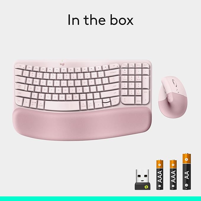 Logitech Wave Keys &amp Lift Vertical Mouse - Ergonomic Wireless Keyboard and Mouse Combo - with Cushioned Palm Rest Easy-Switch Bluetooth for Multi-OS Windows/Mac - Rose