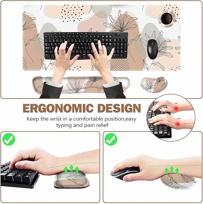 ToLuLu Extended Gaming Mouse Pad Memory Foam Ergonomic Keyboard Mouse Wrist Rest Support Set Large Desk Mat with Stitched Edges Non-Slip Base Mousepad for Home Office and Game Morandi Leaves