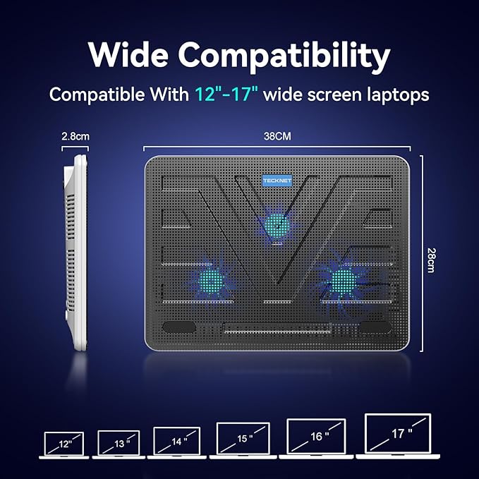 TECKNET Laptop Cooling Pad Portable Slim Quiet USB Powered Laptop Notebook Cooler Cooling Pad Stand Chill Mat with 3 Blue LED Fans Fits 12-17 Inches (White)