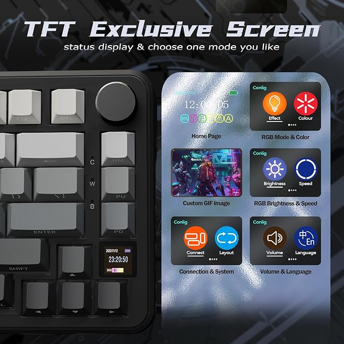 ATTACK SHARK X85 Pro Wireless Mechanical Gaming Keyboard with TFT Screen &amp Knob Hot-Swappable BT5.1/2.4Ghz/USB-C RGB Backlit Gasket Mount Gradient Side-Print PBT Keycaps for Win/PC/MAC-Moon Night