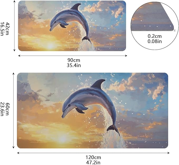 Mouse Pad Desk Mat Leather Desk Pad Large Gaming Desk Cover Protector Mat for Keyboard Computer Laptop Office Waterproof 47.2 x 23.6 Inch Dolphin Jumping Sunset Blue