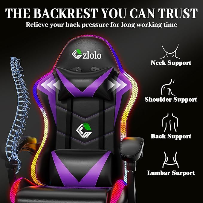 Gaming Chair RGB LED Lights Computer Chair with Footrest Lumbar Support Massager Gamer Chair High Back 90-135° Reclining Linkage Armrests Purple
