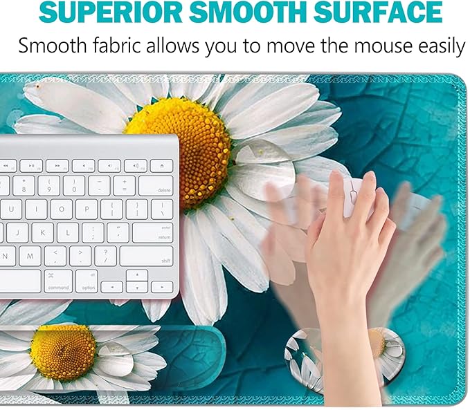 ARTSO Large Gaming Mouse Pad Set Keyboard Wrist Rest Support + Mouse Wrist Cushion + Extended Mousepad + Coaster 35x15.5in Multifunctional Desk Mat 4pcs Cute Daisy