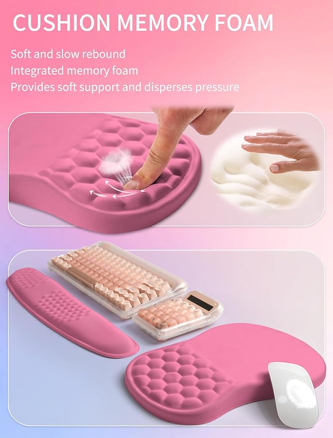 Hokafenle 2in1 Combination Wave Keyboard Wrist Rest and Ergonomic Curvature Mouse Pad Wrist Support for Relieve Wrist Pain Filled with Soft Cushion Memory Foam Tough Guy Pink