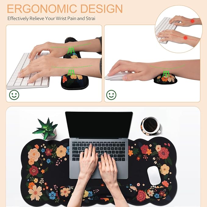 Petmolico Ergonomic Wrist Pad Set 4 in 1 with Computer Keyboard Desk Gaming PadMouse Pad with Wrist RestTyping Wrist Support and Cup CoastersNon-Slip PU Base [BlackFloral Hoop]