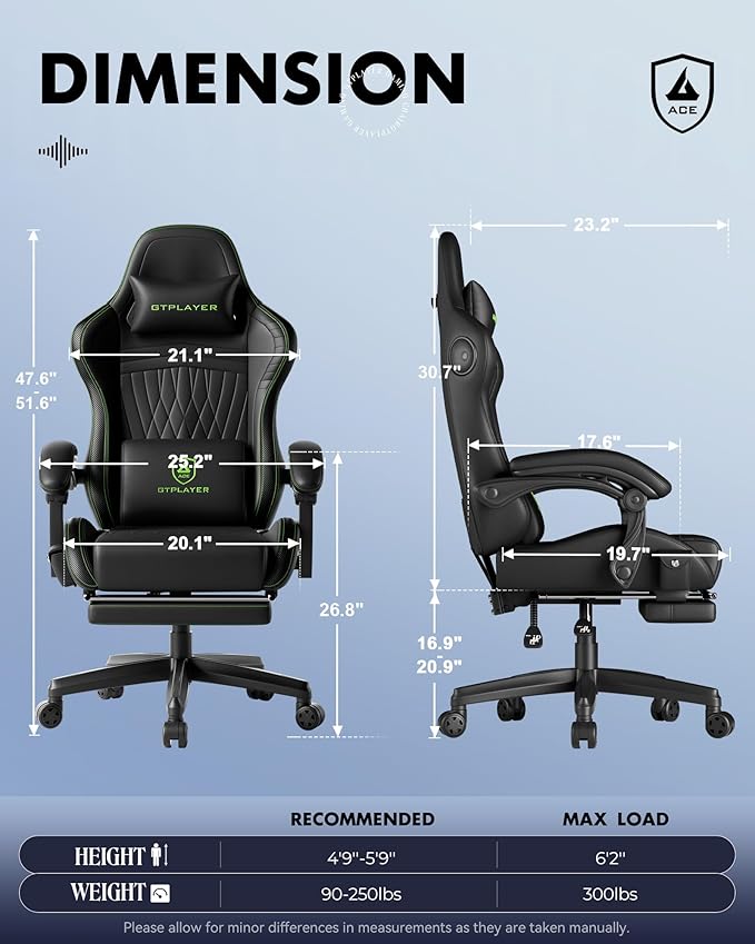 GTPLAYER Gaming Chair for Adults Ergonomic Video Game Chairs Footrest &amp Linkage Armrest Reclining High Back Silla Gamer with Speakers for Home Office Ace Pro Black &amp Green