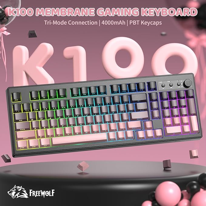ZIYOU LANG K100 Wireless Gaming Keyboard99 Keys Tri-Mode BT/2.4GHz/USB-C Creamy Color Keyboard with Number Pad RGBMedia Knob Custom Programmable Computer Keyboards for PC/Mac/Xbox (Pink)