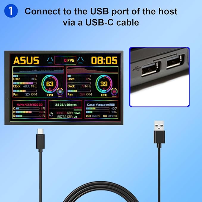 VSDISPLAY 10.1 Inch 1280x800 Computer Temp LCD Monitor PC Case Screen Display Supports Theme Editor DIY Dynamic Image Picture Wallpaper Monitoring RAM CPU GPU DataBlack