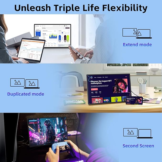 16 Portable Monitor for Laptop 1200P FHD Laptop Screen Extender Travel External Display USB-C HDMI Port Detachable Kickstand Gaming Monitor Compatible with Wins Mac Chrome Dex Phone