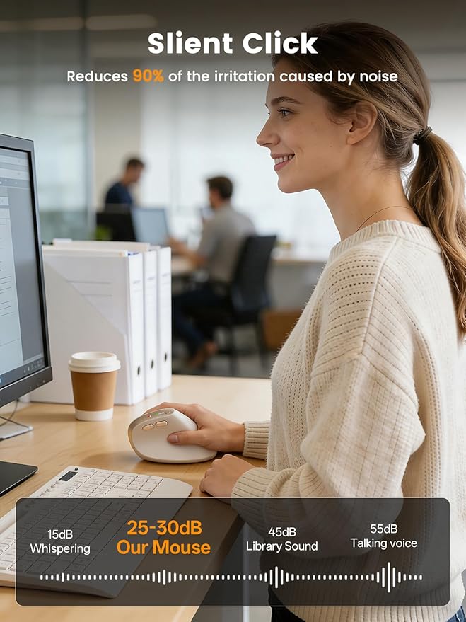 SABLUTE MAM3 Ergonomic Mouse Rechargeable Wireless Vertical Mouse with 4 Adjustable DPI for Small/Medium Hands Dual-Device Connectivity for Computer/PC/LaptopBluetooth Mouse for WindowMac OSBeige