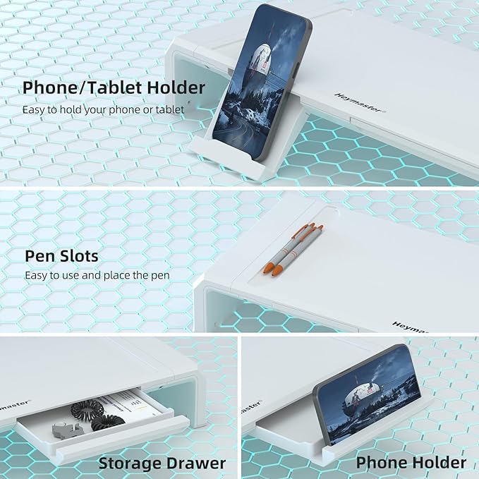 Heymaster Monitor Stand Riser Foldable Computer Monitor Riser Adjustable Length Computer Stand Desk Shelf Riser with Storage Drawer &ampTablet Phone Stand for Desktop Laptop