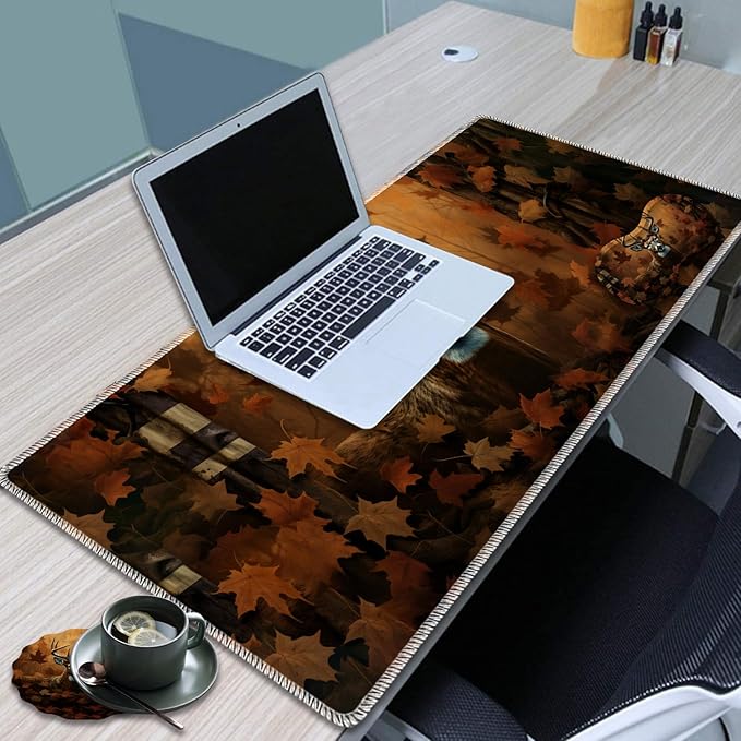 Large Game Mouse Pad + Wrist Support Pad + Coffee Coaster Desk Pad with Sewn Edges Anti-Slip Set pad Suitable for Office Work and Home - Camo Flag Deer