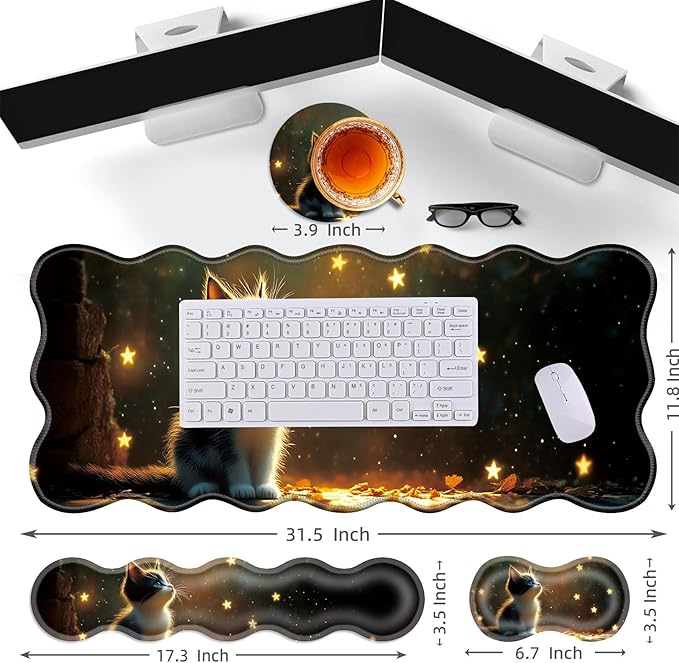 Large Gaming Mouse Pad Keyboard Wrist Rest Pad &amp Wrist Support Mousepad Set Stitched Edge Extended Non-Slip Base Memory Foam Desk Mat for Office HomeCute Kitten
