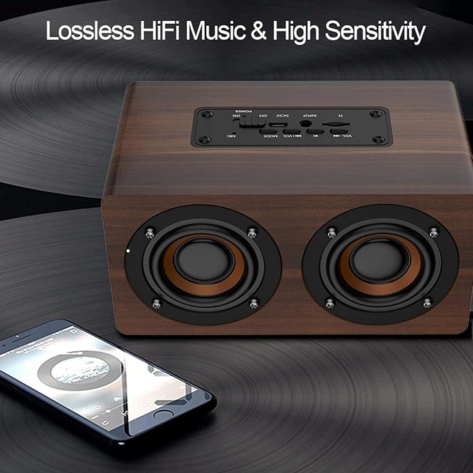 Mini Speaker7 inch Wood Bluetooth Speaker with FM Radio HiFi Music Clock Alarm Retro Subwoofer Speaker with 6-8 Hours Playback Support Bluetooth/TF/AUX