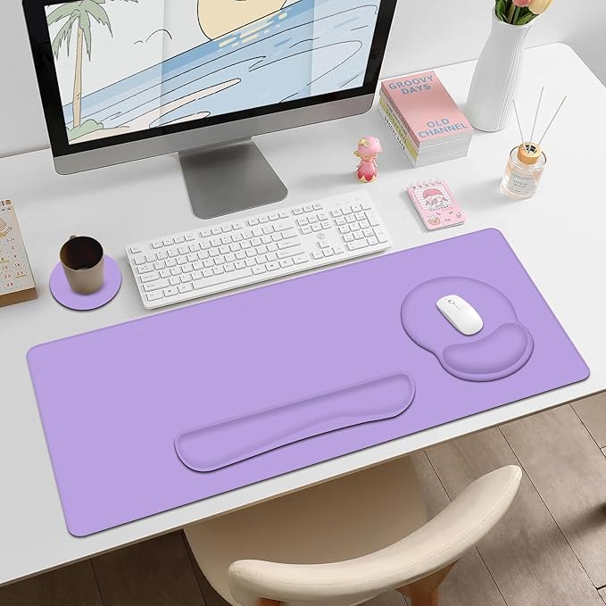Mouse Pad Desk Pad Protector Keyboard Wrist Rest + Mouse Pad Wrist Rest +Coaster Large Gaming Mouse Pad for Deskpc Computer Keyboard Laptop XXL Desk Mat Writing Pad for Office and Home Purple