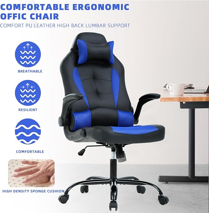 Big Tall Gaming Chair - Ergonomic Office Chair with Height Adjustable Tiltable Lumbar Support Blue