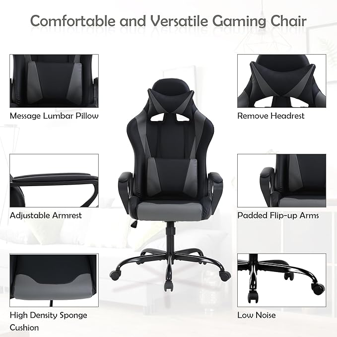 Gaming Chair High Back PU Leather Gaming Chairs Computer Chair with Armrest Headrest and Lumbar Support for Kids Teen Adults Men Women Height Adjustable Gamer Chair Computer Chairs for Adults